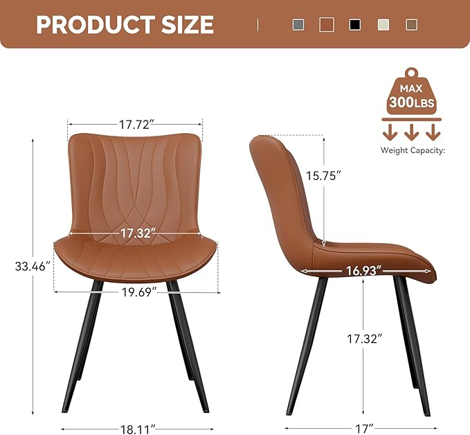 Dining Chair Set of 6,Comfortable PU Leather Dining Room Chairs Upholstered Comfy Dining Chairs Modern Kitchen Armless Side Chair with Sturdy Metal Legs,Umber