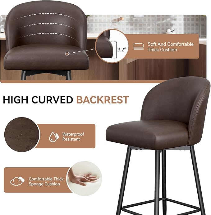 Counter Height Bar Stools Set of 4,360° Swivel Barstools with High Back and Metal Legs,26" Seat Height, Upholstered PU Leather Bar Chairs for Kitchen Island, Dining Room,Cafes,Black Brown