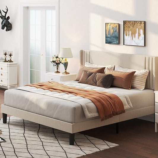 Gizoon Full Bed Frame with Wingback Headboard, Upholstered Platform Bed with Modern Geometric Headboard, Wooden Slats, Noise-Free, No Box Spring Needed