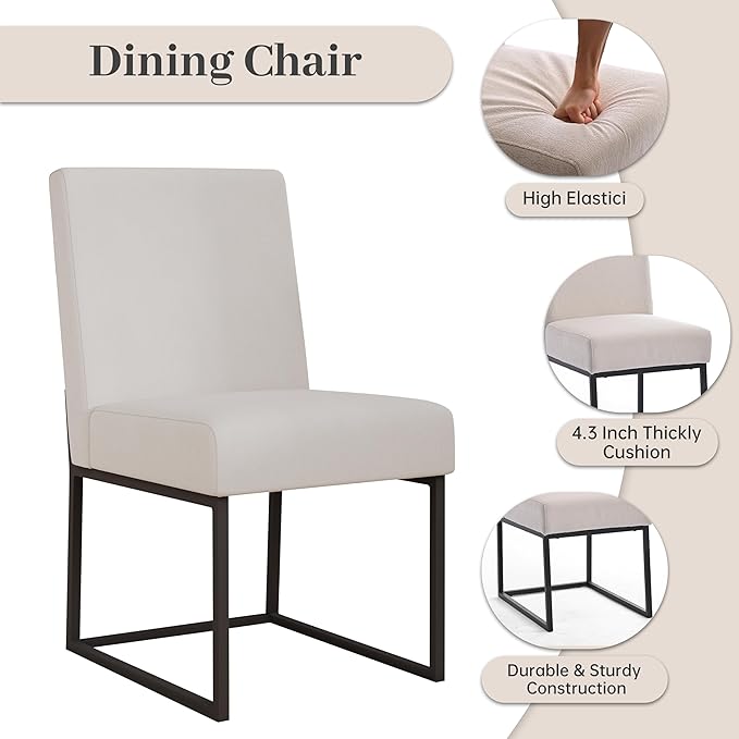 VKNOW Upholstered Dining Chairs Set of 6, Modern Dining Room Chairs, Linen Kitchen Chair Dinner Chair with Black Metal Base for Kitchen Office, Beige-Unstriped