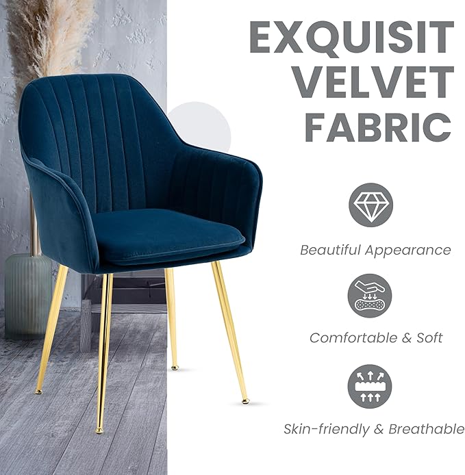 ECOTOUGE Modern Dining Chairs Set of 6, Upholstered Dining Room Chairs with Golden Metal Legs, Matte Velvet Kitchen Chairs for Dining Table, Accent Chairs for Living Room, Blue