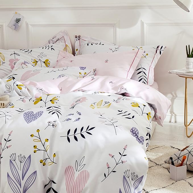 Girls Floral Duvet Cover King Boho White Pink Floral Bedding Sets Cotton Aesthetic Floral Comforter Cover Chic Flower Branches Bedding Sets Garden Style Pink Floral King Duvet Cover with 2 Pillowcases