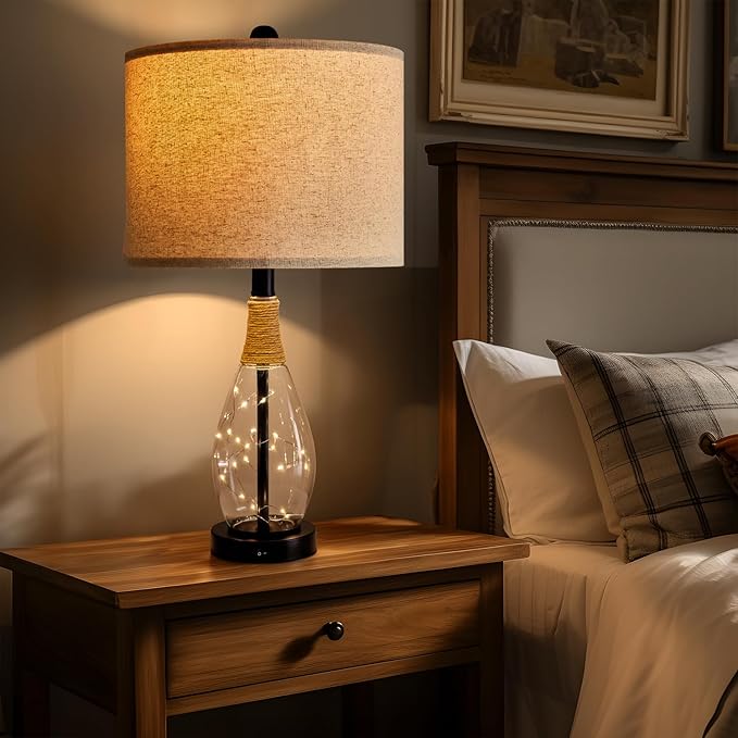 OYEARS 23" USB A+C Table Lamp for Bedroom Living Room Modern Bedside Lamps Retro Farmhouse Rattan Glass Nightstand Nightlight Lamps (Black),Two Light Points