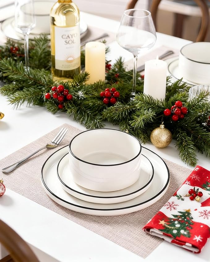 Famiware Porcelain Dinnerware Set, 18-Piece Modern Plate and Bowl Set, dish set for 6, Microwave and Dishwasher Safe Tableware, White with Black Trim