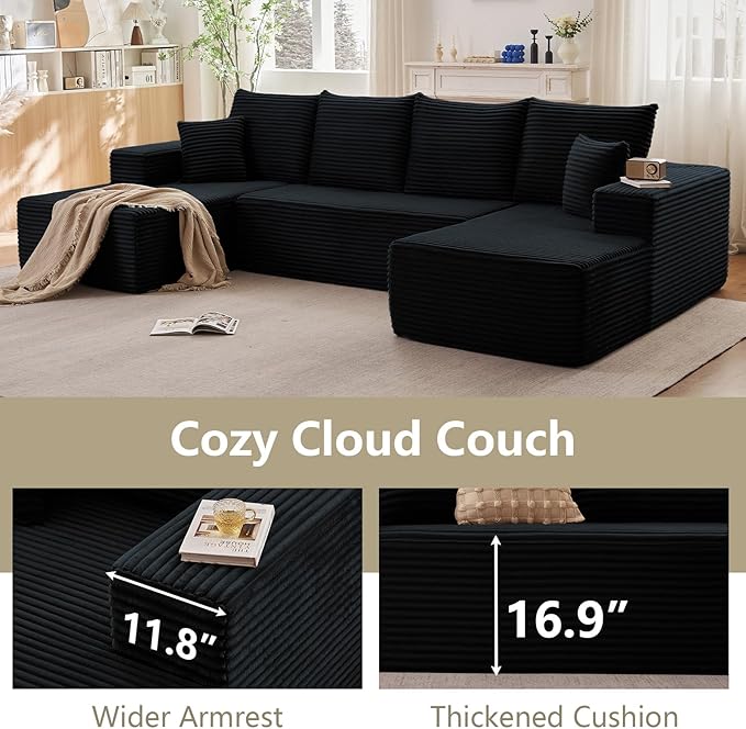 Sectional Cloud Couch for Living Room, Stupendous U Shaped Sofas, Modular Floor Deep-Seat Sofa, Big Comfy Corduroy Couches Set with Fluffy Memory Foam, No Assembly Required, Black