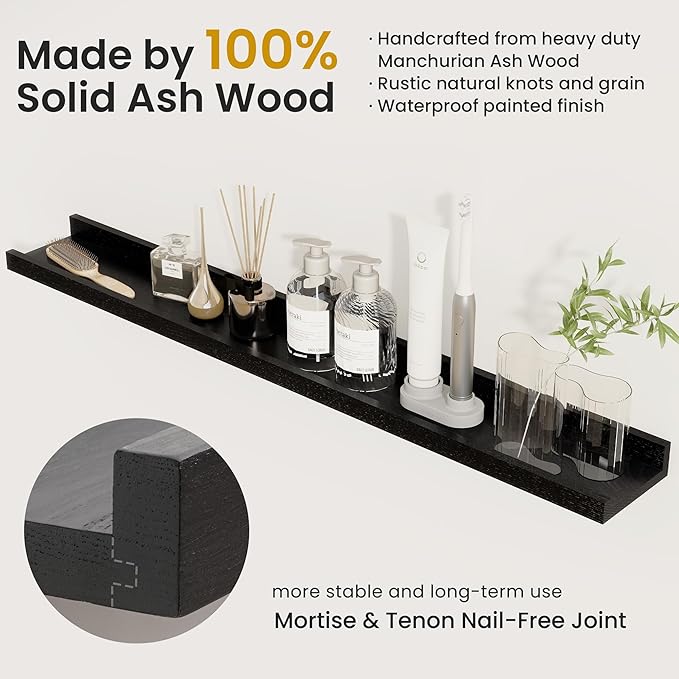 Solid Ash Wood Picture Ledge Shelf, Floating Shelves Set of 2, 56 Inch Long Large Ledge Shelves, Nursery Book Shelves Wall Mounted for Living Room Bedroom Kitchen Decor Kids Bookshelf, Black