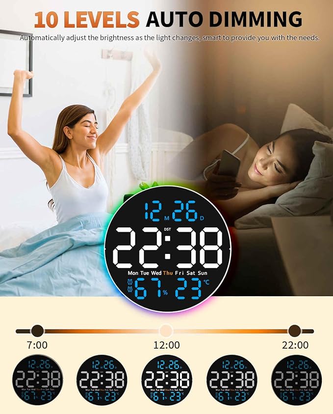 10 Inch Large Digital Wall Clock with 9 Color Changing Remote Control, Date Week Temperature, Auto Brightness Dimmer Big Clock with Night Lights,Blue