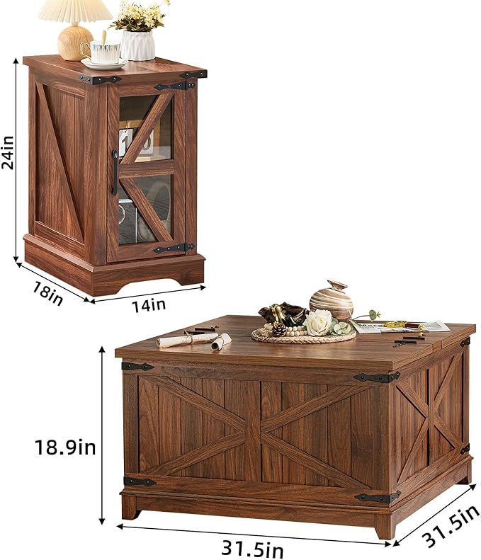 Farmhouse Coffee Table Sets 3 Pieces, Narrow Night Stand with Glass Barn Door Storage, Large Coffee Tables with Hidden Storage Organizer, Wood Furniture Sets for Living Room, Office, Brown