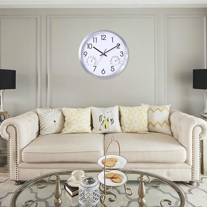 12 Inch Wall Clock with Temperature & Humidity, Aluminum Frame Wall Clocks, Sweep Silent Movement Accurate Clocks, Decorative for Kitchen Living Room Bedroom