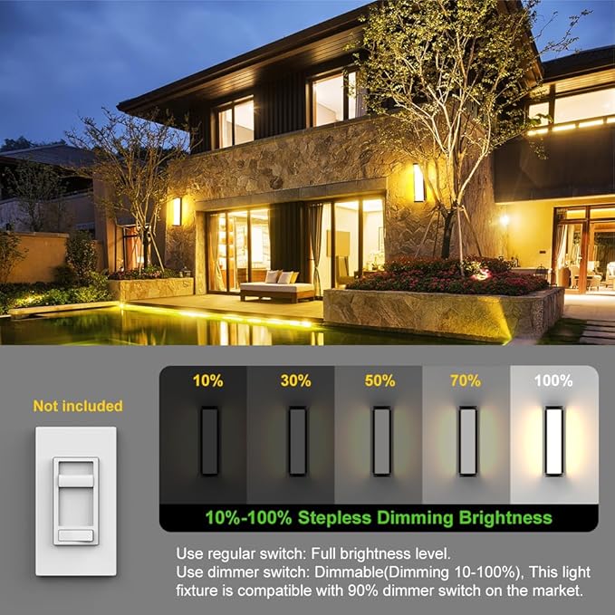 Sytmhoe 2Packs 10%-100% Dimming Exterior Wall Lights,16in Dimmable LED Modern Patio Wall Light Fixture, Black Aluminum&Dual PC Wall Sconce for Garage Bathroom Room Courtyard House(2Packs 3000K)