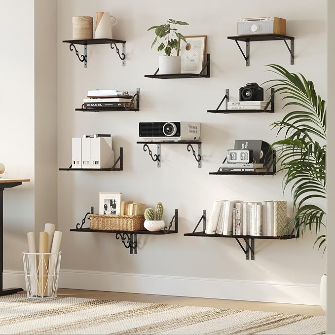 DINZI LVJ Deep Floating Shelves, 16" W x 12" D Wall Shelves Set of 2, Wide Display Shelf Wall Mounted with Brackets, Easy-to-Install Bookshelf for Living Room, Bathroom, Bedroom, Espresso