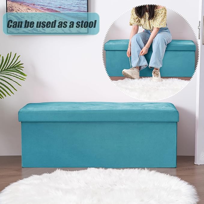 BRIAN & DANY 43 Inches Ottoman with Storage, Velvet Storage Ottoman Bench, End of Bed Benches, Folding Ottomans for Bedroom, Living Room and Entryway (Teal)