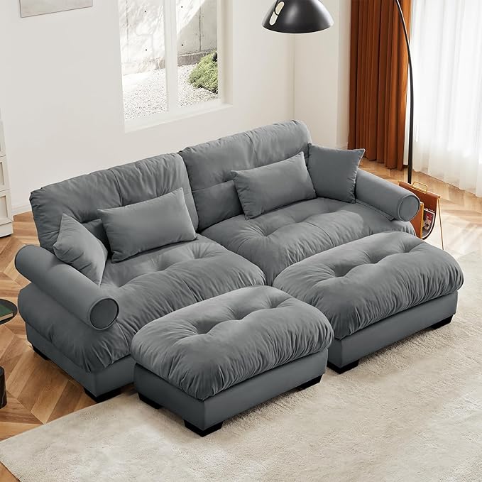 Grey Ottoman for Modular Sectional Sofa, Velvet Fabric Seat for Oversized Sectional Couches for Living Room Bedroom Apartment, Cloud Sofa Couch, Sofá para Sala