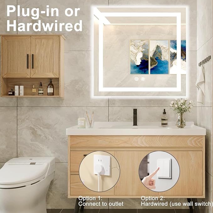 32 X 32 Inch Square LED Bathroom Vanity Mirror, 3 Colors Light Dimmable, Wall Mounted Memory Lighted Makeup Mirror with Anti-Fog Touch Switch (Front-lit&Backlit)