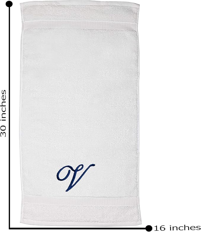 White Monogrammed Hand Towels for Bathroom - Luxury Hotel Quality Personalized Initial Embroidered Towel for Powder Room, Spa - GOTS Organic Certified - Set of 2 Navy Letter V