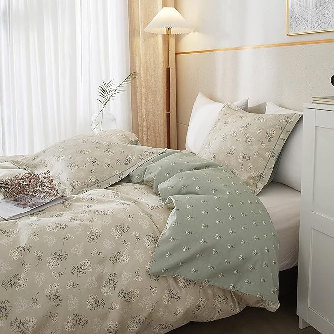 LifeTB Garden Style Floral Duvet Cover Queen Soft Cotton Boho Floral Bedding Sets Chic Shabby Botanical Queen Duvet Cover Girl Women Vintage Floral Comforter Cover with Zipper Closure 4 Ties
