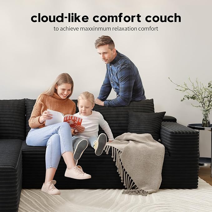 107.5" Cloud Modular Sectional Sofa Couch with L-Shape Chaise,Modern Minimalist Upholstered Couches for Living Room Bedroom,Deep Seat Corner Couch，No Assembly Required (Black,Left Facing Chaise)