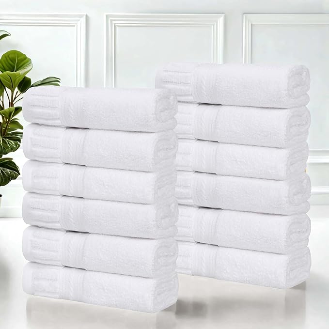 Superior Venice Zero Twist Cotton Medium Weight Small Towels, for Kitchen, Bathroom, Shower, Spa, Plush Essentials, Ribbed Textured Border, Face Towels Washcloths, Set of 12, White