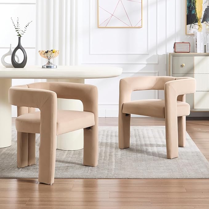 Modern Dining Chairs Set of 2, Upholstered Side Chairs Velvet Fabric Guest Chairs with Barrel Backrest Armchair for Dining Room Living Room, Khaki