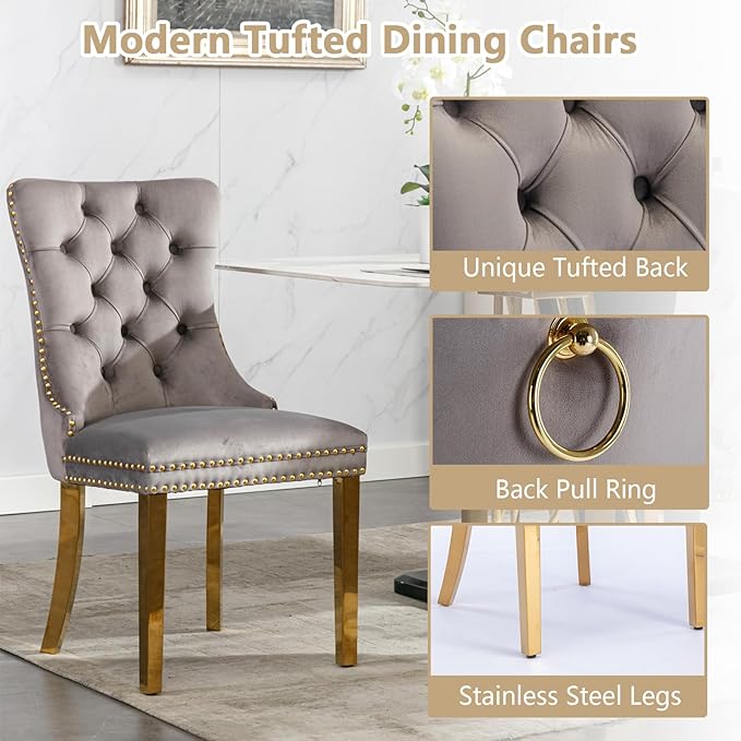 Goujxcy 3 Piece Round Glass Dining Table Set for 2, 36" Round Dining Table & Chair Set Modern Circle Glass Kitchen Table and 2 Velvet Upholstered Chairs for Kitchen Dining (Gold Table & Grey Chair)