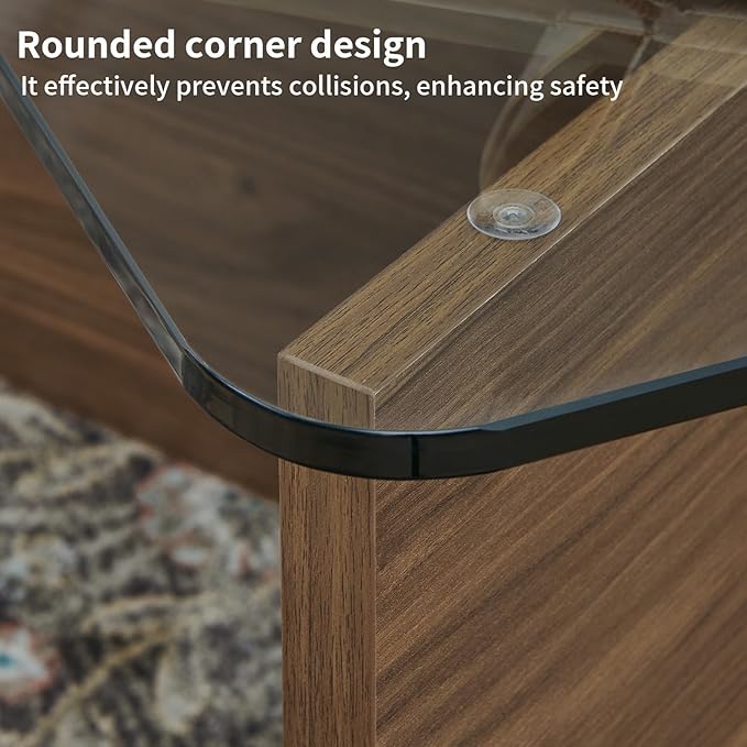 LKTART 31.5" Glass Coffee Table, MDF Mid-Century Modern Square Coffee Table with Tempered Glass Top, Square Center Tables for Small Space Living Room Office Apartment, Walnut