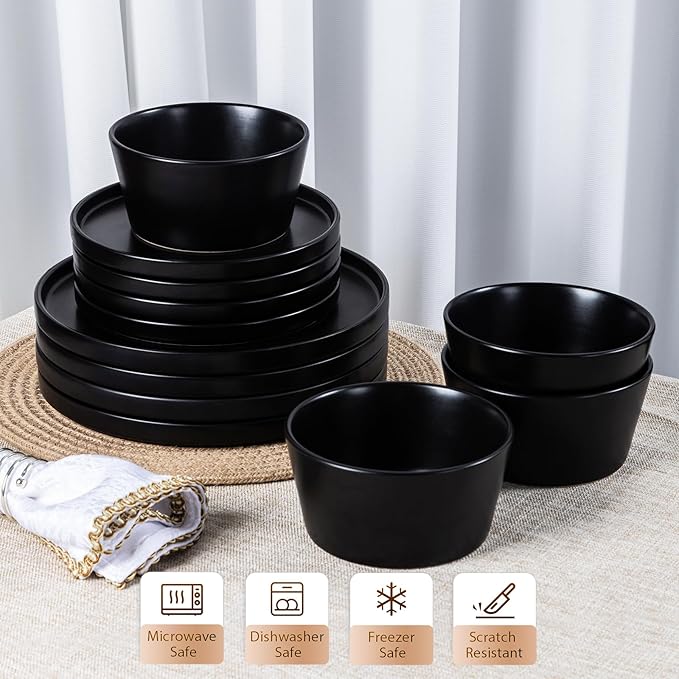 Dinnerware Sets for 4 - CJDC-QUELO 12-Piece Stoneware Plates and Bowls Sets, Ceramic Dishware Sets for Kitchen Use and Formal Dining, Chip and Scratch Resistant Microwave Dishwasher Safe, Black