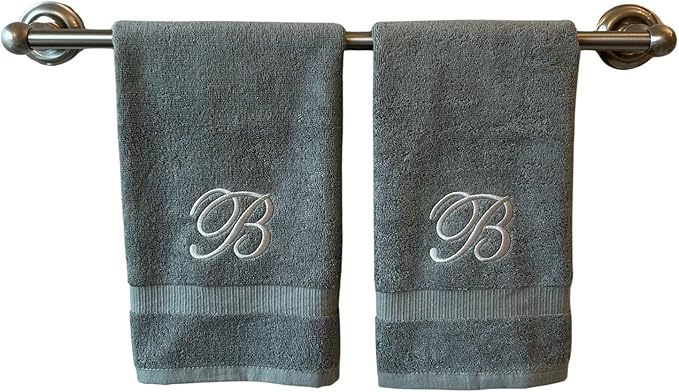 Gray Monogrammed Hand Towels for Bathroom - Luxury Hotel Quality Personalized Initial Embroidered Towel for Powder Room, Spa - GOTS Organic Certified - Set of 2 Silver Letter B