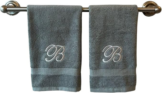 Gray Monogrammed Hand Towels for Bathroom - Luxury Hotel Quality Personalized Initial Embroidered Towel for Powder Room, Spa - GOTS Organic Certified - Set of 2 Silver Letter B