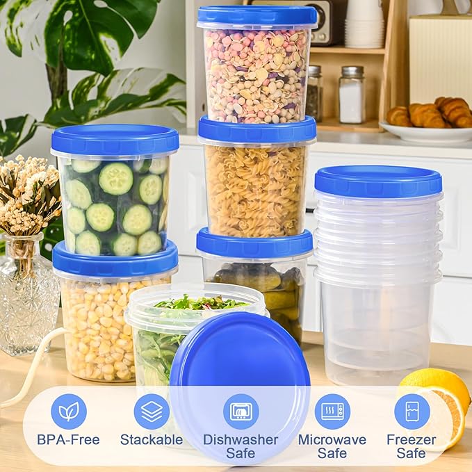 12 Pcs 32 oz Freezer Storage Containers for Soup, Plastic Containers with Screw Top Lids, Reusable Clear Food Storage Containers with Pen and Brush, Microwave & Dishwasher Safe