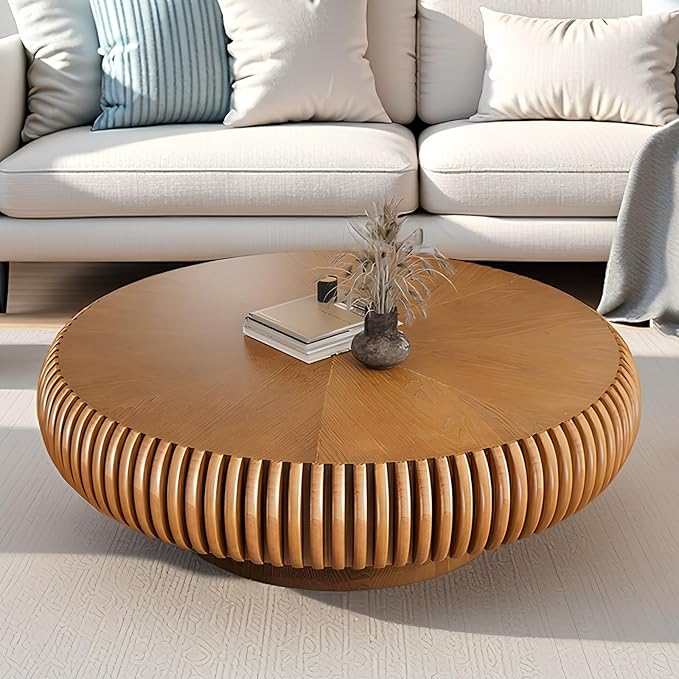 Round Drum Coffee Table for Living Room, Mid Century Modern Coffee Table with Sturdy Pedestal, Farmhouse Fluted Circle Center Table Accent Tea Table for Apartment (Large Brown)