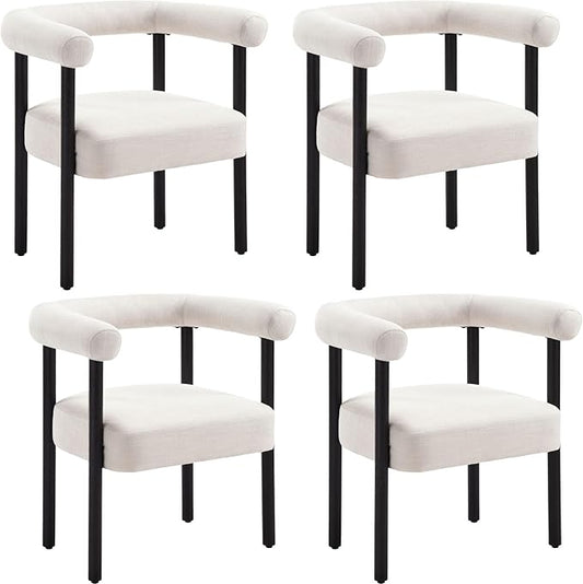 Mid-Century Modern Dining Chairs Set of 4, Armrest Barrel Dining Chairs Side Accent Chairs with Curved Back, Upholstered Wood Armchairs for Kitchen, Linen Beige