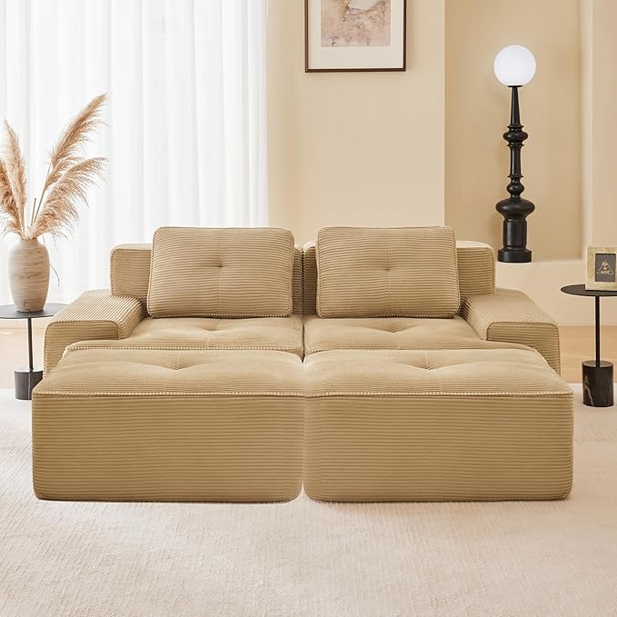 80" Modern Compressed Boneless Love Seat Couches with 2 Ottomans, 2 Seater Large Sectional Couches for Living Room, Camel Corduroy Cloud Modular Sectional Sofa, Memory Foam, Deep Loveseat, No Assembly
