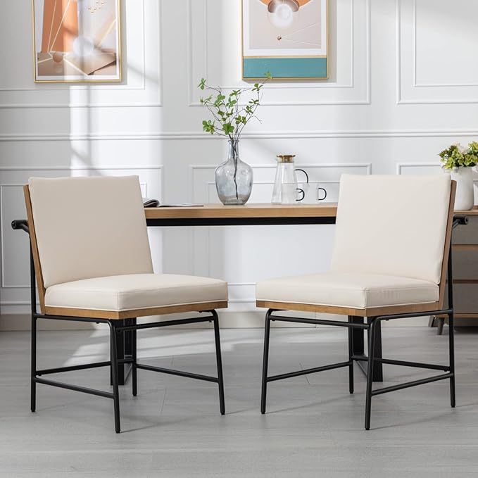 HEAH-YO Modern Dining Chairs Set of 2, Upholstered PU Leather Dining Room Chairs with Backrests, Armless Side Chair for Kitchen, Beige