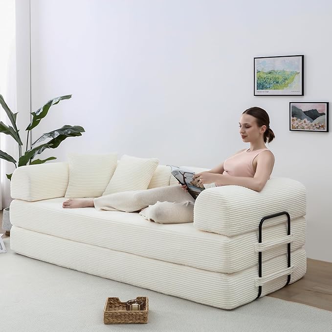 Compression Sofa - 79'' Convertible Sofa Bed, Boneless Couch in a Box, Modular Corduroy Foldable Sleeper Sofa with 2 Pillows, Loveseat Couches for Living Room (Corduroy Fabric, White)