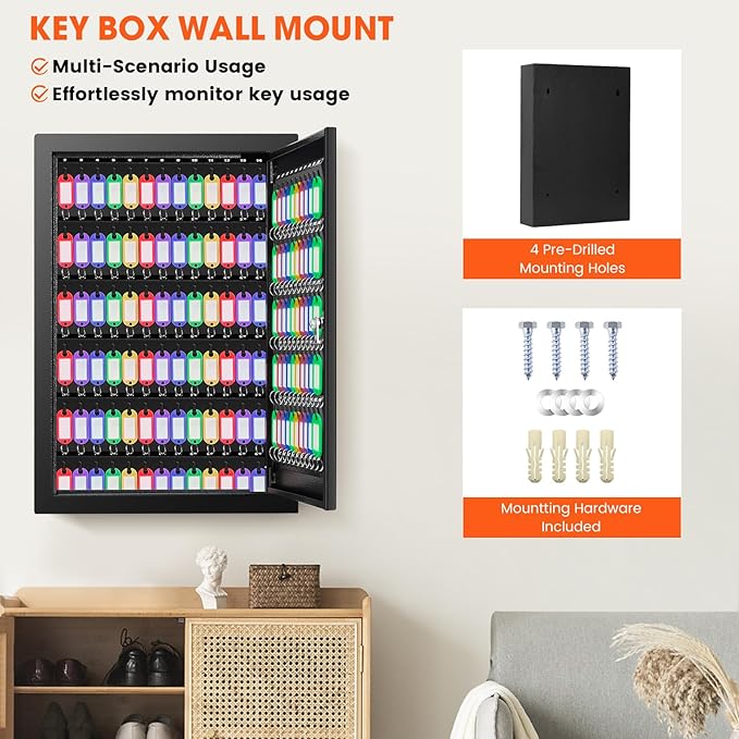 125 Key Lock Box Wall Mount with Anti-Theft Deposit Key Slot, Key Cabinet with Key Hooks & 125 Tags Key Labels, Key Safe for Hotels & Office & Companies & Car Dealerships