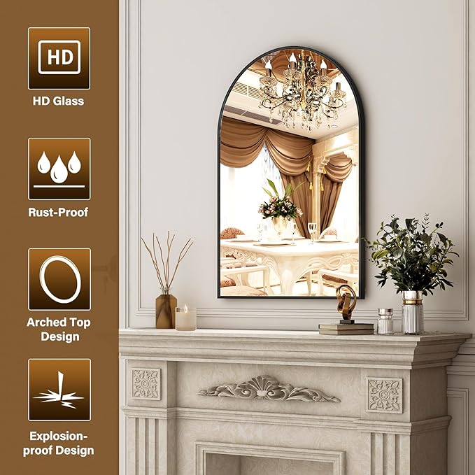 20"x30" Black Arched Bathroom Mirror - Wall Mirror for Bathroom, Metal Frame Vanity Mirror, Dresser Mirror, Arch Decorative Mirrors for Living Room, Bedroom, Entryway, Mantle