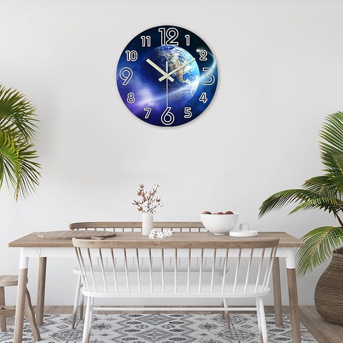 Modern Blue Wall Clock for Bedroom Night Glow Round Glow in The Dark Clock 12 Inch Silent Wall Clock Non Ticking