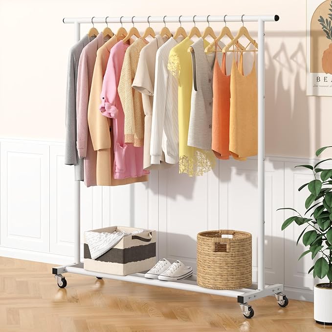 Buzowruil Metal Rolling Clothing Rack Adjustable Freestanding Garment Organizer with Wheels, Space-Saving Design for Home, Closet, Office, or Retail, White