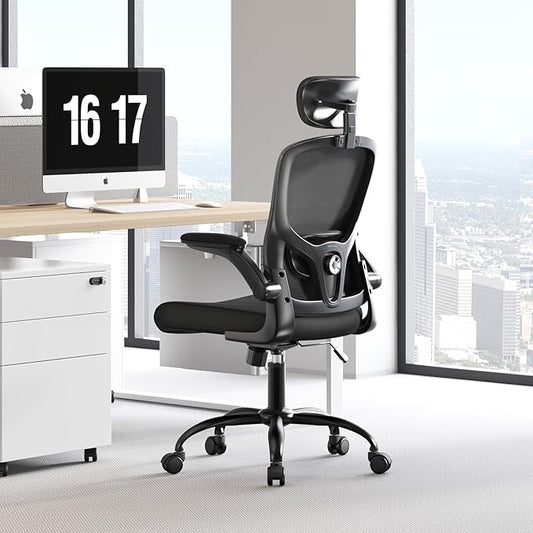 Ergonomic Office Chair - Adjustable Lumbar Support and Headrest, High Back Desk Chair with Flip-Up Arms for Home Office, 90-120° Tilt & Swivel Rolling Task Chair (Black)