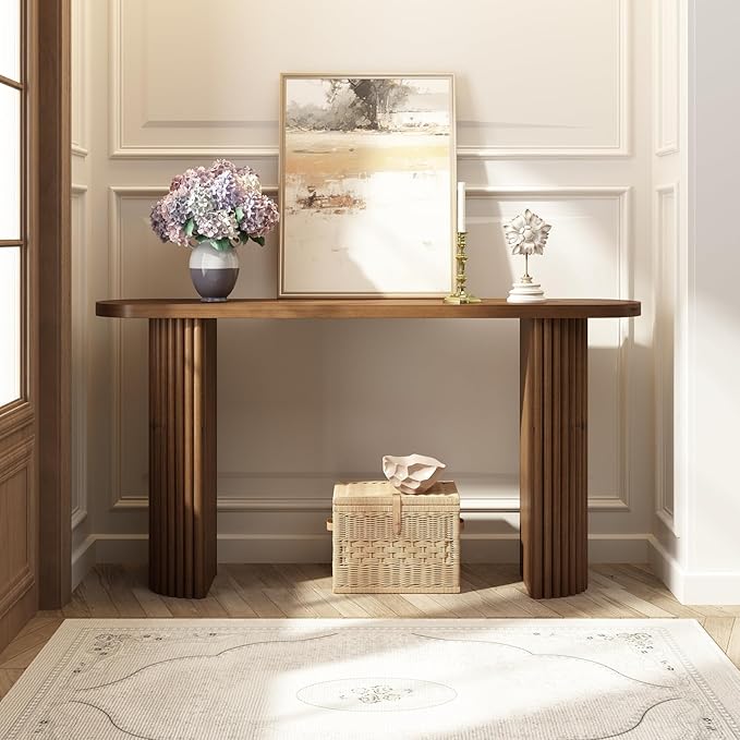 Fluted Solid Wood Console Table-55 Long Farmhouse Entryway Table with Rounded Corners, Morden Sofa Tables Behind Couch for Foyer, Entrance, Living Room, Hallway