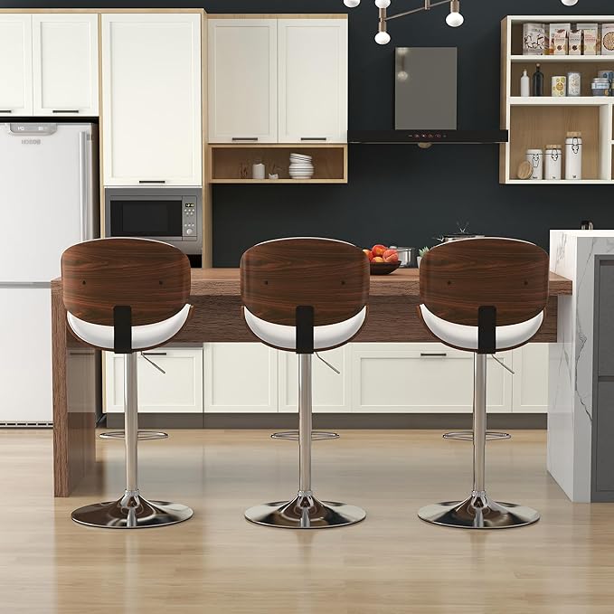 KCC Bar Stools Set of 3, Swivel Adjustable Height Barstools, PU Leather Upholstered Bar Chairs with Footrest, Bentwood Bar Stool for Kitchen, Bar, Dining Room(White PU)