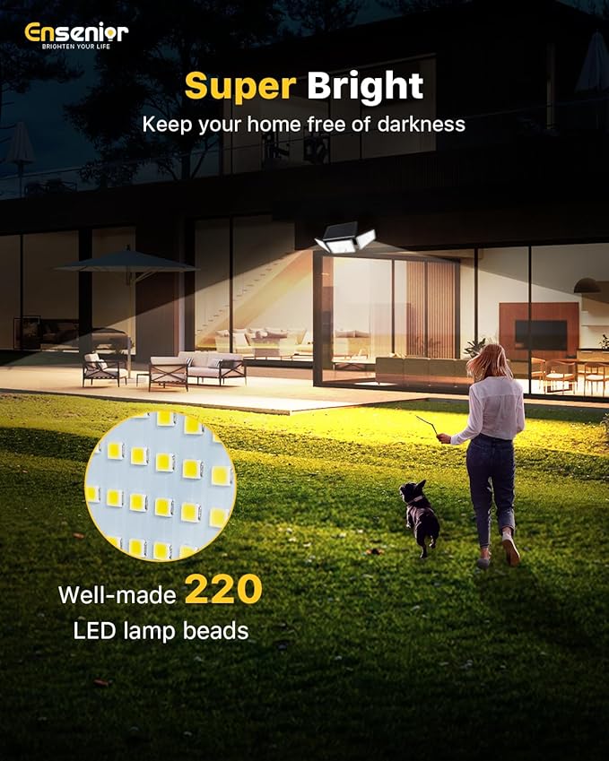 Ensenior Motion Sensor Outdoor Lights, 220 LED IP65 Waterproof Solar Security Light with Remote Control, 3 Heads Solar Flood Light Outdoor with 4 Modes, 270° Wide Angle Motion Light for Outside -3Pack