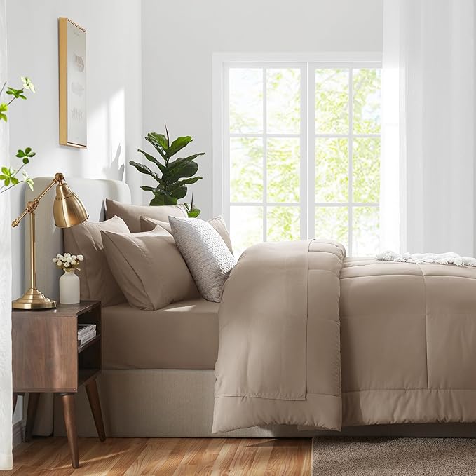 CozyLux Queen Comforter Set Khaki, 7 Pieces Bed in a Bag, Khaki Comforter Queen Size, All Season Bedding Sets with Stitch Quilted Comforter, Flat Sheet, Fitted Sheet, Pillowcases