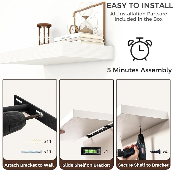 Floating Shelves for Wall, 48 Inch Wide x 12 Inch Deep Floating Shelves, Long Wood Floating Wall Shelf Shelves for Living Room Bathroom Bedroom Kitchen Home - (White, 48" W x 12" D x 2" H)