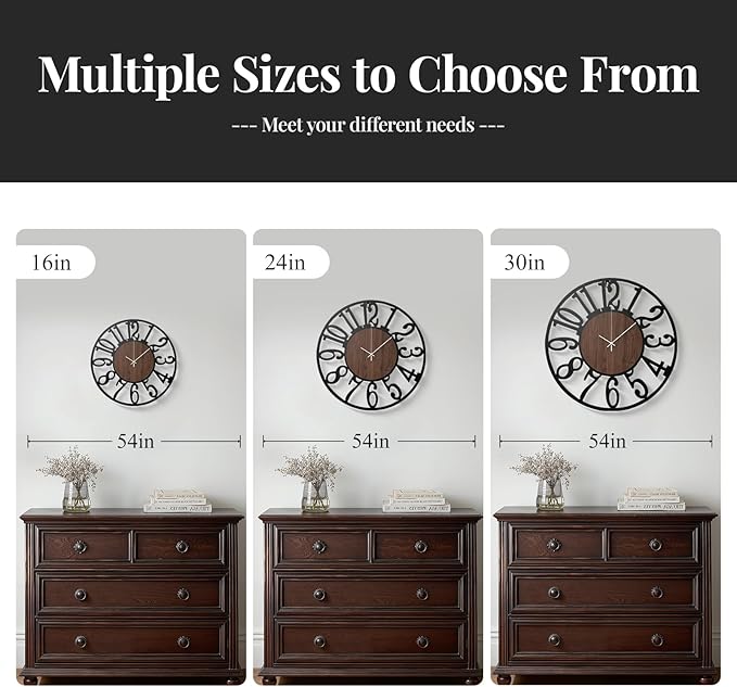 Cuspin Large Wall Clock 24 Inch for Living Room Decor, Silent Non Ticking Battery Operated Black Round Metal and Wood Wall Clock, Modern Farmhouse Rustic Big Clock with Arabic Numerals
