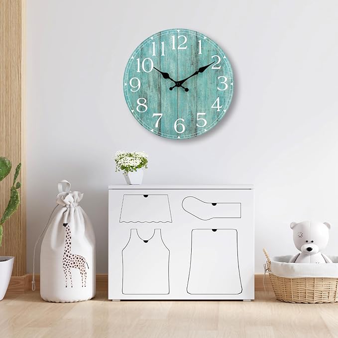 HYLANDA Wall Clock, 16 Inch Teal Silent Non-Ticking Kitchen Decor, Rustic Vintage Country Retro Decorative Clocks Battery Operated for Bathroom Bedroom Living Room Office(Aqua)