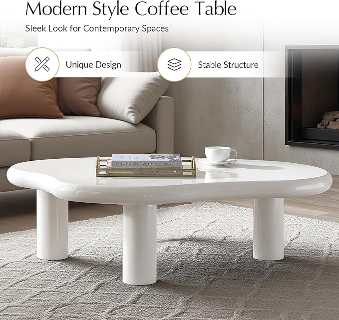 HULALA HOME Modern Cloud-Inspired Coffee Table with Asymmetrical Lacquered Top, Adjustable Legs & Rounded Corners, 50.5”W Contemporary Center Table for Living Room/Office, Holds 110 LBS, Easy Assembly