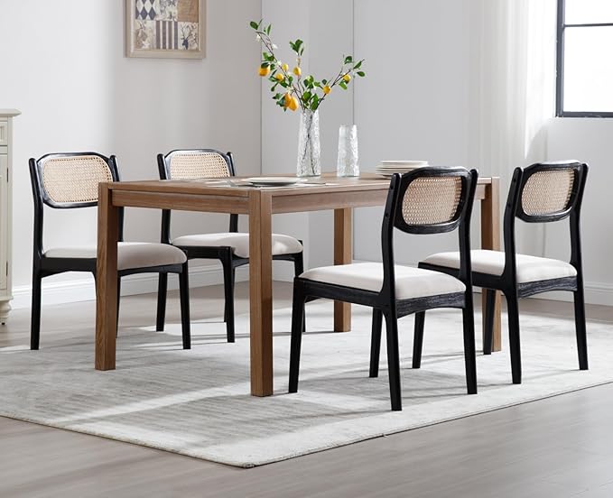 EALSON Farmhouse Rattan Dining Chairs Set of 6 Modern Mid Century Dining Room Chairs Upholstered Linen Kitchen Side Chairs with Cane Back/Black Wood Frame for Living Dining Room,Beige