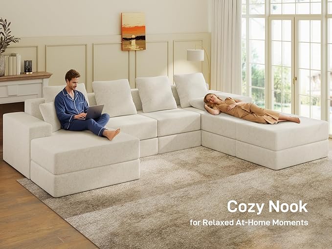 Living&Giving 128" U-Shaped Cloud Sectional Couch for Living Room, Cloud Boneless Couch-No Assembly with Reversible Chaise, Customizable 4-Seat Modular Sectional Sofa with 3 Ottoman, Beige
