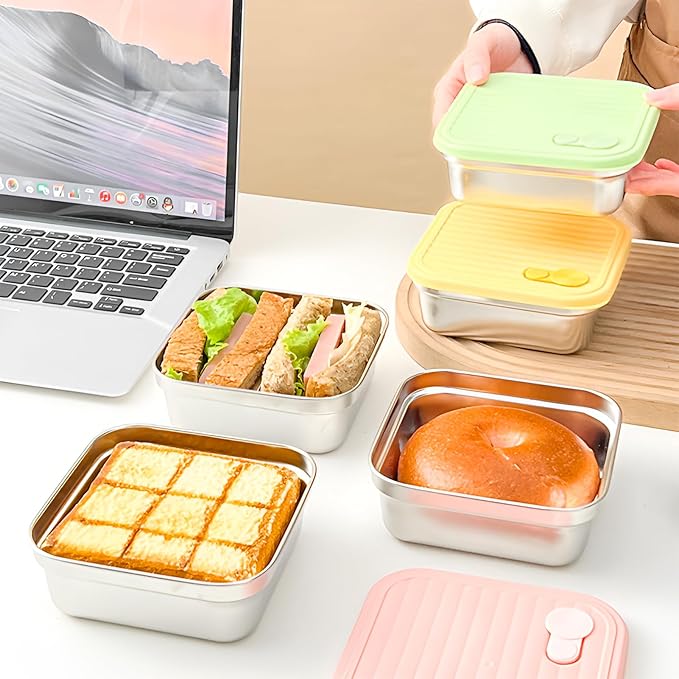 2 Pack Sandwich Containers, 20oz Stainless Steel Sandwich Box with Lids, Reusable Metal Meal Prep Lunch Boxes, BPA-Free, Dishwasher Safe, Food Storage Containers for Snacks & Fruits (Yellow, Green)